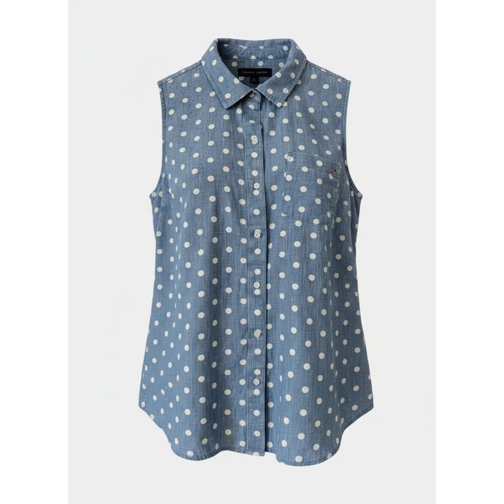 Tommy Hilfiger Sleeveless Chambray Shirt M Blue White Polka Dot Cotton